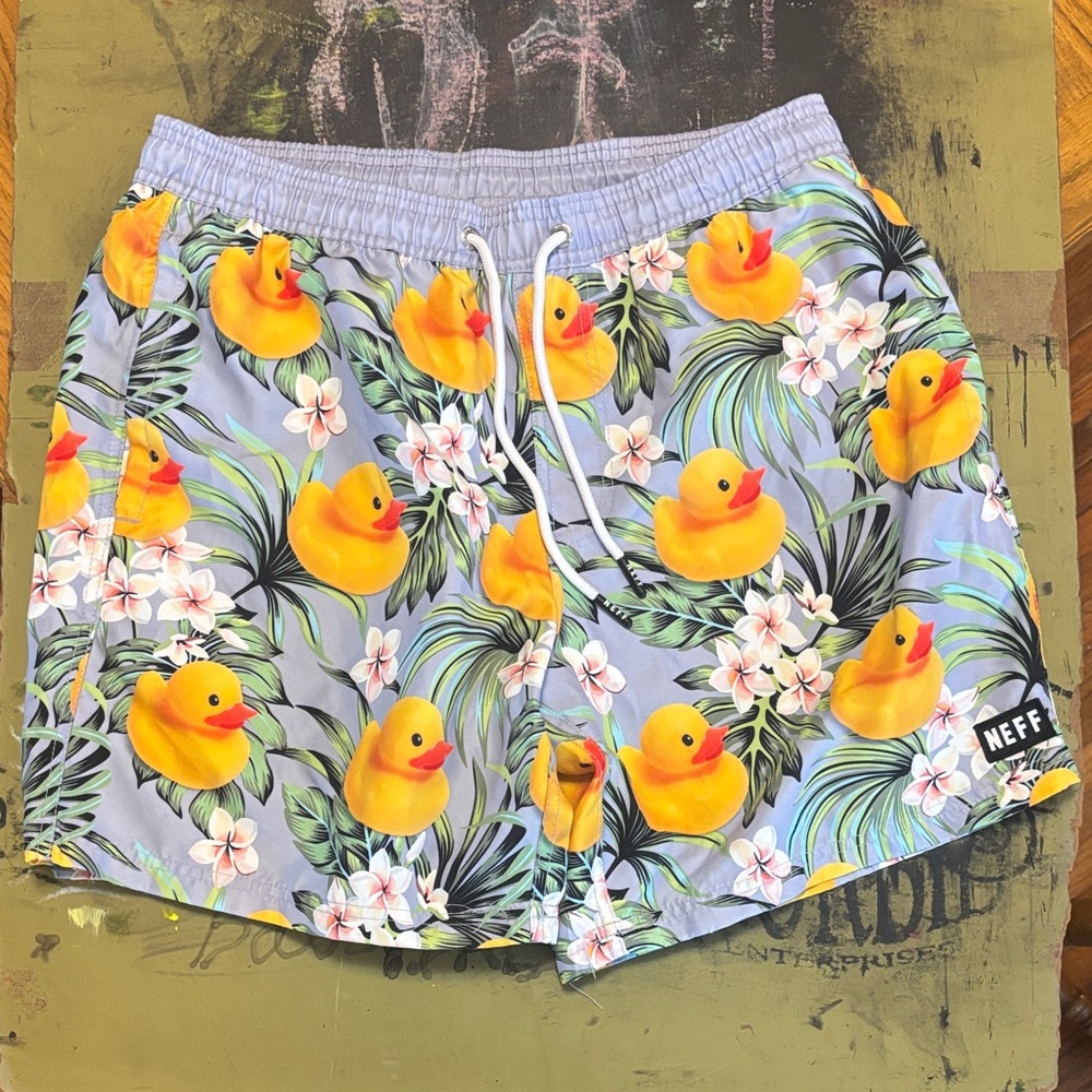 Neff Duck Print Swim Trunks - Gray and Yellow